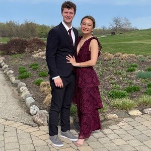 Deep V Wine Lace Floor length dress with Zip-up back, and black under dress